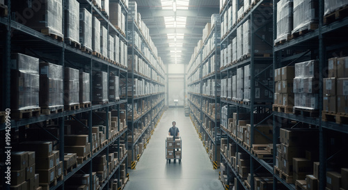 Man pushing a hand truck, wearing a t-shirt, surrounded by towering shelves. Modern warehouse interior filled with countless cardboard boxes and pallets.