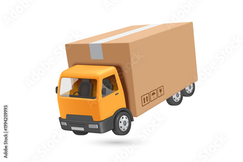 Yellow container truck where the container appears to be a parcel box or cardboard box, vector 3d illustration isolated on white background for e commerce and delivery concept design