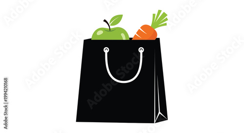A black shopping bag filled with a green apple and an orange carrot presented as a silhouette high quality professional detailed