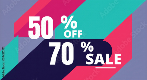 Modern geometric sale banner with 50% off and 70% sale text, colorful abstract background vector, promotional marketing poster design