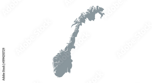 A grayscale simplified map depicts the long narrow landmass of norway showcasing its fjords and coastline high quality