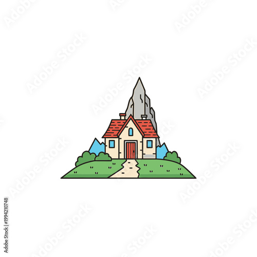 Cozy cottage house in mountain landscape vector illustration