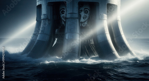 Massive futuristic metallic structure rises from choppy dark ocean, emitting powerful light beams and spray. Industrial design showcasing mechanical gears, concept of power.