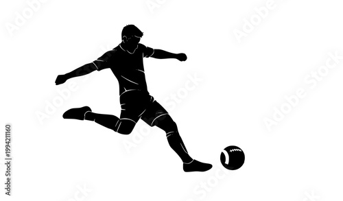 Dynamic soccer player silhouette vector illustration kicking ball mid-air action pose isolated on white background