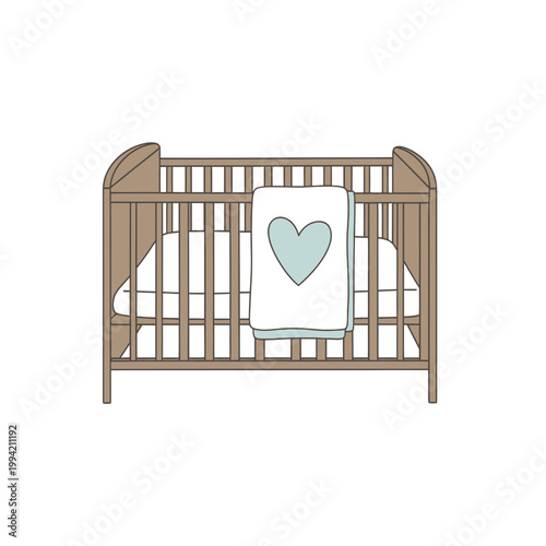 Wooden Baby Crib with Heart Blanket Illustration
