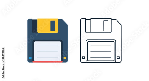 Two floppy disks are displayed one colored and one as a clean outlined silhouette high quality professional detailed modern elegant stylish