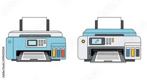 Two modern inkjet printers are displayed side by side showcasing their functionality and design silhouette high quality professional detailed elegant stylish clean crisp