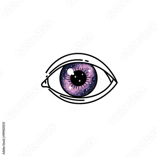 Minimalist human eye illustration with cosmic galaxy iris