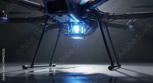 Advanced quadcopter drone standing on a dark, reflective surface, glowing with intricate blue light and wiring. Concept of modern technology and surveillance.