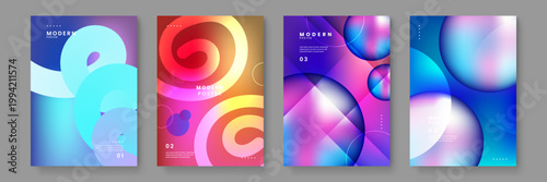 Collection of abstract posters with fluid 3d swirls and glowing circular elements for modern digital media and creative advertising