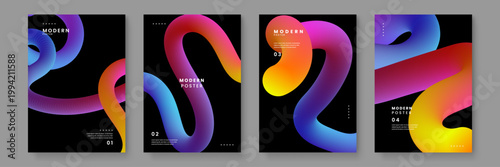Set of modern posters featuring bold 3d fluid tubes and vibrant gradients on dark backgrounds for high impact visual identity
