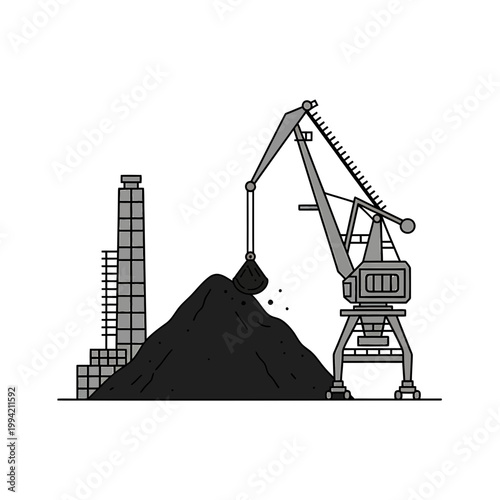 Industrial harbor crane unloading bulk material vector illustration