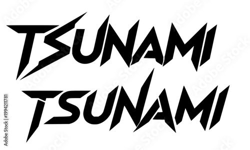 Tsunami sharp angular heavy metal style wordmark set with jagged edges and aggressive slanted typography, perfect for extreme sports, rock band branding, and apparel design