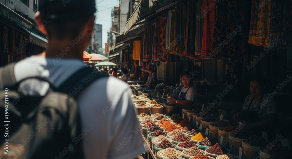 Naklejka premium Unrecognizable person with a backpack walking through a vibrant Asian street market. A friendly vendor stands among colorful spice stalls, looking towards the viewer.