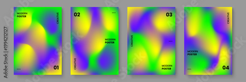 Collection of abstract modern posters with intense neon green and purple mesh gradient backgrounds for creative web and print design projects