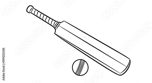 A simple black and white line drawing depicts a cricket bat and a cricket ball showcasing sports equipment