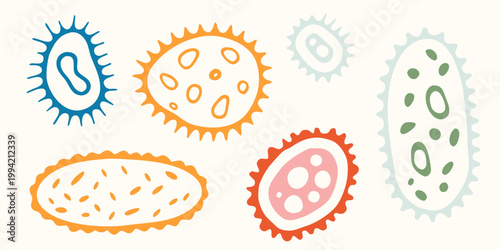 Colorful illustration depicting various microscopic organisms and cellular structures