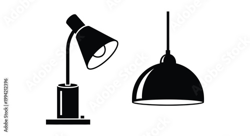 Two distinct lamps a desk lamp and a pendant light are depicted in a striking black silhouette high quality professional detailed