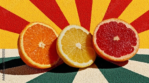 Three Sliced Citrus Fruits on a Colorful Striped Background