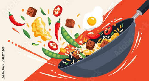 Illustration of Asian stir-fry cooking in a wok with rice, vegetables, and fried egg
