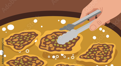 Flat Illustration of Frying Indonesian Vegetable Fritters or Bakwan in Hot Oil with Tongs