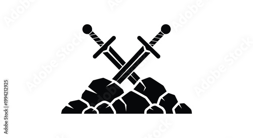 Two crossed swords resting on a rocky pile depicted in a stark black and white image silhouette high quality professional detailed