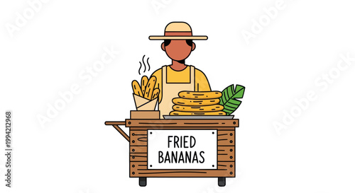 Street vendor selling fried bananas from a wooden cart, illustration