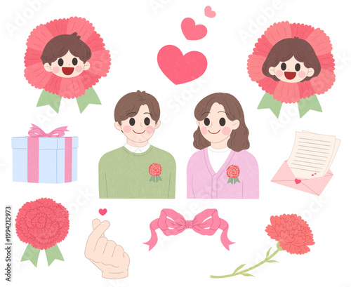 Cute Parent's Day Elements Set Hand Drawn Style