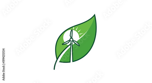Green leaf with wind turbine and sun, symbol of renewable energy and eco-friendly power