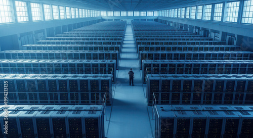 Man standing in a vast server room, wearing a dark uniform, observing rows of glowing racks. Modern data center infrastructure with large industrial windows.