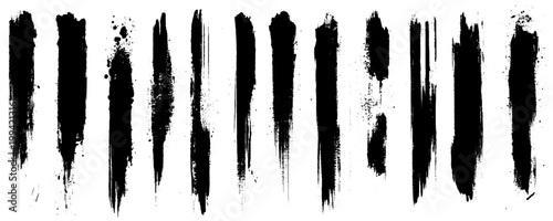 A set of black brushstrokes of various shapes on a white background.