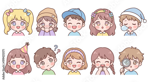 Chibi Kid Face Vector Set – Cute Kawaii Children Cartoon Avatar Collection