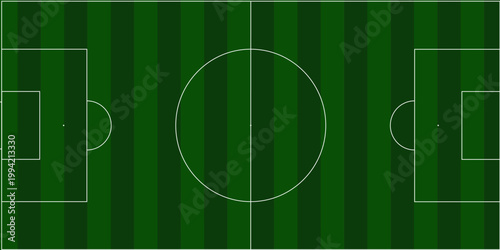 Top-down view of a green football pitch with white line markings. Minimalist soccer field background with vertical grass stripes for sports strategy and design.