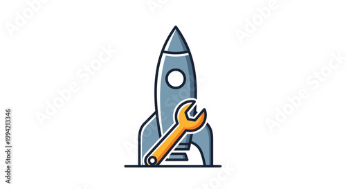Rocket Repair and Maintenance Icon: Wrench Fixing Spaceship