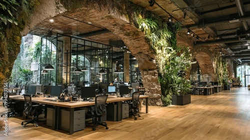 Modern Biophilic Green Office Interior Design with Exposed Brick Arches and Workstations