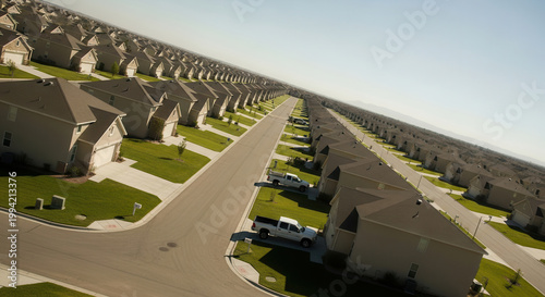 Endless rows of identical beige suburban houses with green lawns and asphalt streets. Feeling of uniformity and modern housing development under a clear sky.