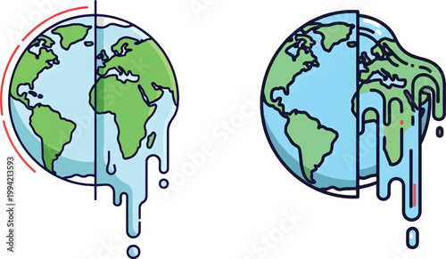 Global warming concept vector, melting earth planet icons, climate change environmental crisis illustration, world heat damage graphics