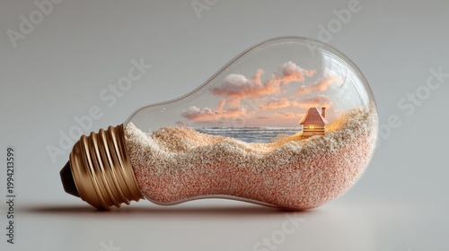 Lightbulb containing a miniature house on a sandy beach at sunset