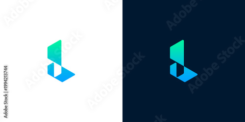 Geometric D Letter Logo Design with Gradient Colors on White and Dark Backgrounds