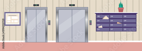 Elevator Hallway. Apartment Elevator Lobby interior with closed lifts. Flat vector illustration of office or apartment hallway, waiting area background, public space architecture, minimal design.
