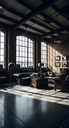 Spacious industrial loft interior featuring exposed brick, ample windows, and modern furnishings