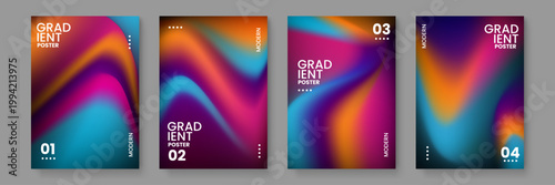 High-quality set of four posters featuring colorful wavy fluid gradients in rainbow hues perfect for music festivals and creative art exhibitions