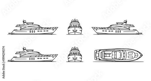 Private yacht multi view 3D style vector with side front and top perspectives luxury motorboat illustration on white