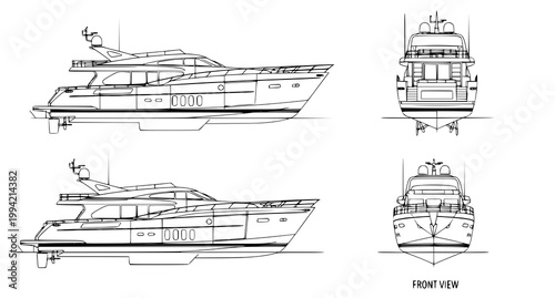 Minimal yacht line drawing set with side front and top views modern boat vector illustration isolated on white