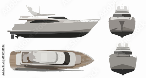 Modern yacht blueprint with side front and top views detailed motorboat technical vector illustration on white