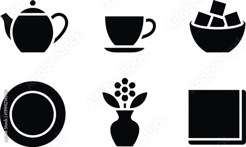 Black silhouette of teapot, tea cup, sugar bowl, plate, flower vase, and napkin saucer