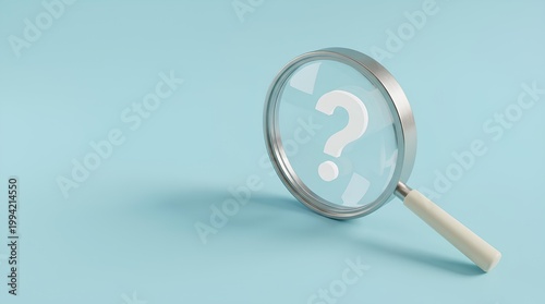 A minimalist 3D render of a magnifying glass placed on a smooth light cyan-blue background, positioned slightly to the right
