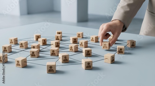A minimalist 3D concept image showing small wooden cubes arranged on a smooth pale blue-gray surface, each cube featuring a dark user profile icon