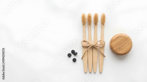 Bamboo toothbrush set, eco friendly, minimalistic flat lay, isolated on white
