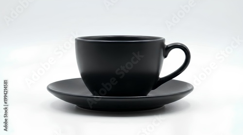 Black ceramic coffee cup and saucer, elegant, side view, clean white background